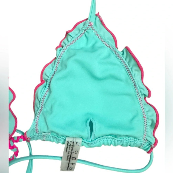 BIKINI TOP - HALTER STYLE  AQUA/HOT PINK LETTUCE TRIM STRING - Picture 4 of 5
